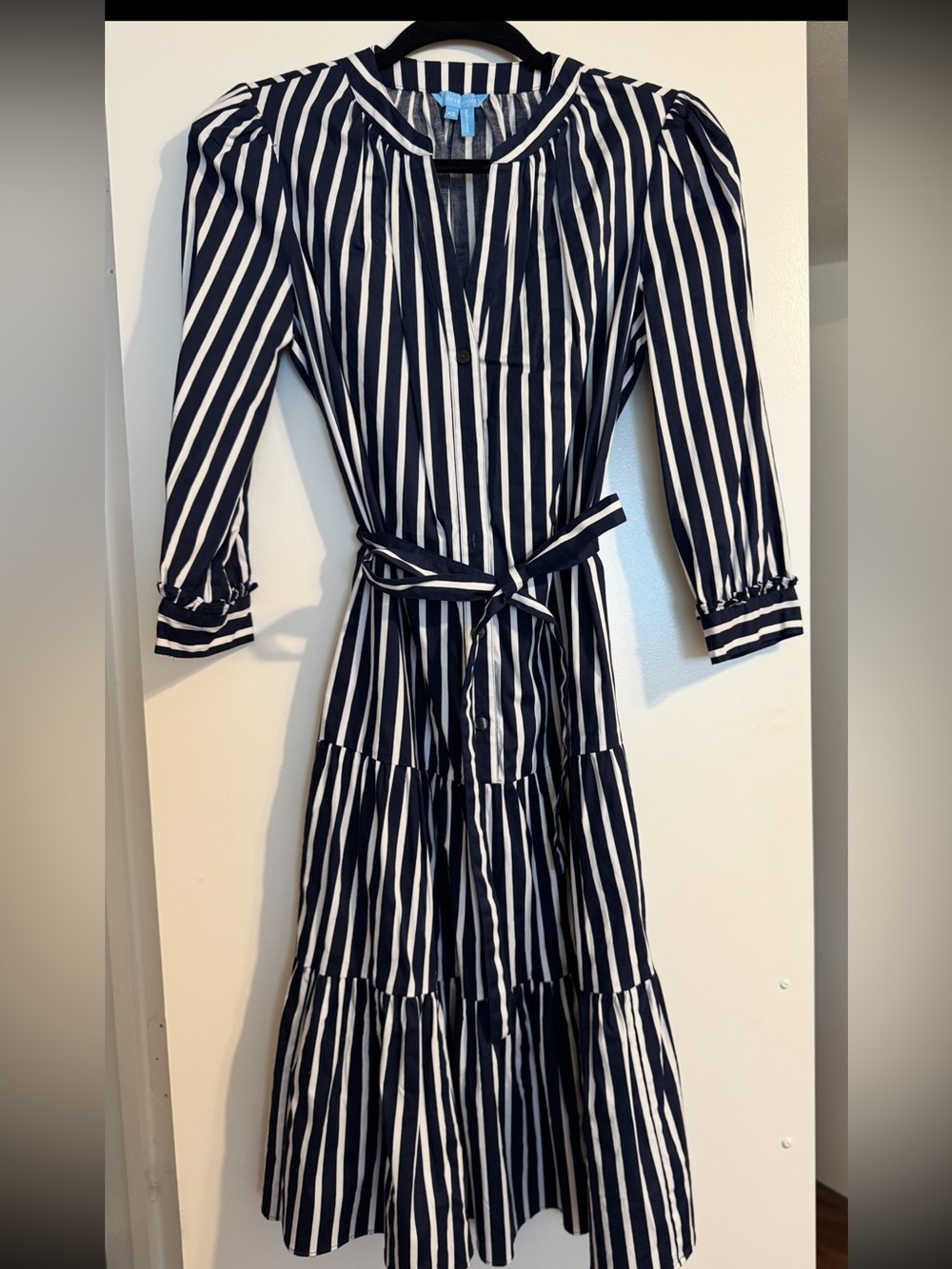 Draper James Navy and White Vertical Stripe Tiered Shirt Dress
